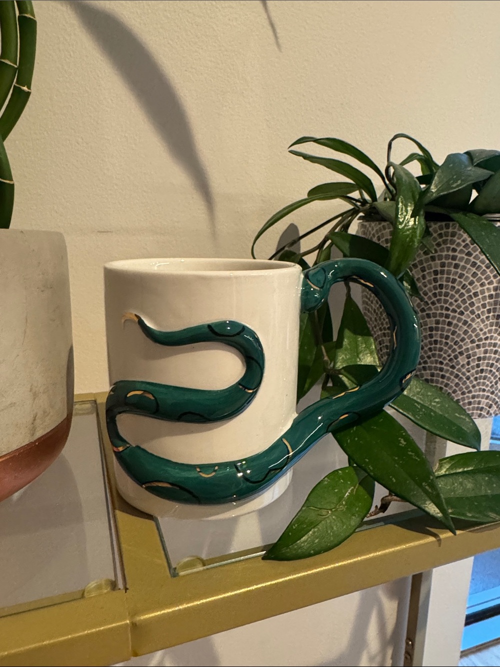 Cost Plus World Market Teal and Cream Snake-Handle Ceramic Mug